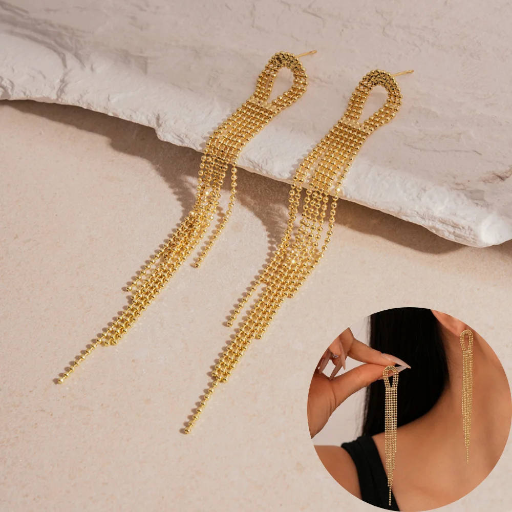 

1 Pair of Trendy Stylish Golden Dangle Earrings Long Tassel Style Design Match Daily Outfits Party Accessories Fashionable Stuff