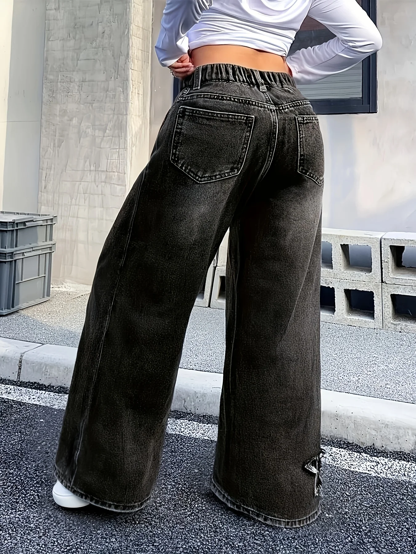 Girls Y2K Washed Fabric Five-Star Pattern Patchwork Denim Straight-Leg Pants Versatile Trendy All-Seasons.Full elastic waistband