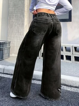 Girls Y2K Five-Star Patchwork Jeans 2 Girls Y2K Washed Fabric Five-Star Pattern Patchwork Denim Straight-Leg Pants Versatile Trendy All-Seasons.Full elastic waistband 2