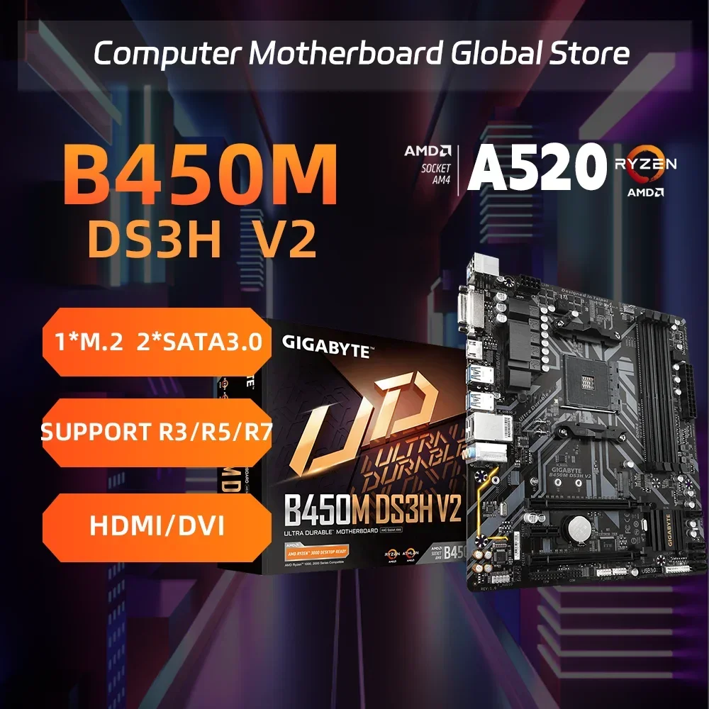 

GIGABYTE GA B450M DS3H V2 Micro-ATX AMD B450 DDR4 3600(O.C.) PCIe Gen3 x4 M.2 Double Channel Socket AM4 Motherboard