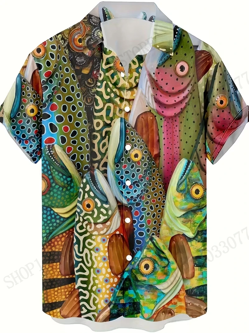 

Разноцветная рубашка с принтом рыбок в гавайском стиле для мужчин, забавная рубашка с 3D-принтом животных, модная рубашка на пуговицах с коротким рукавом для мужчин и женщин, пляжная блузка