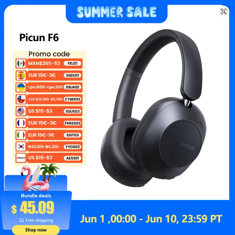 Picun-Casque sans fil à suppression active du bruit F6, suivi de la tête, audio 3D, ANC haute résolution 40mm, casque Bluetooth, contrôle par câble HIFI