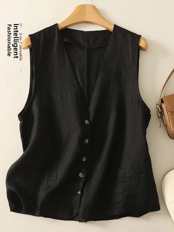 

Linen V-ne Svel Vest Women's Summer Outdoor Wear Loose Thin Top Open Cardigan Sle Commute Pure Color