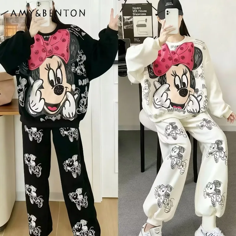 

2026 Spring Autumn New Cartoon Beaded Hoodies Loose-fit Slimming Pants 2-pieces Outfits Women's Fashion Long-sleeves Hoodies Set