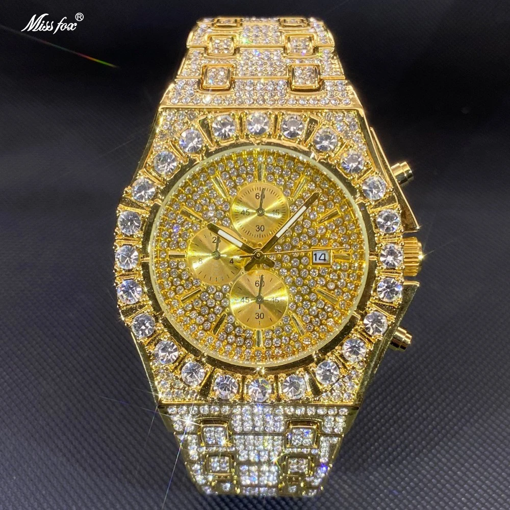 MISSFOX Men Quartz Watch Iced Out Full Diamond Chronograph Gold Alloy Steel Luminous Wristwatch With Date Hip Hop Party Gift Local Store Hot Sale