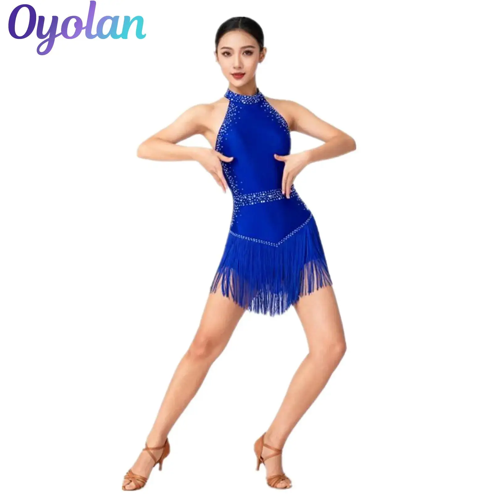 

Womens Shiny Rhinestones Ballroom Latin Tango Salsa Dance Performance Costume Tassel Leotard Halter Backless Fringe Bodysuit