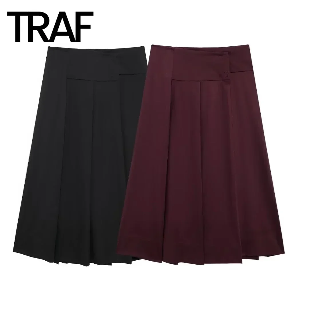 TRAF Skirt for Women Fashion 2024 Autumn Winter  New Wide Pleated Chic Female High Waist Elegant A-line Midi Skirts Mujer