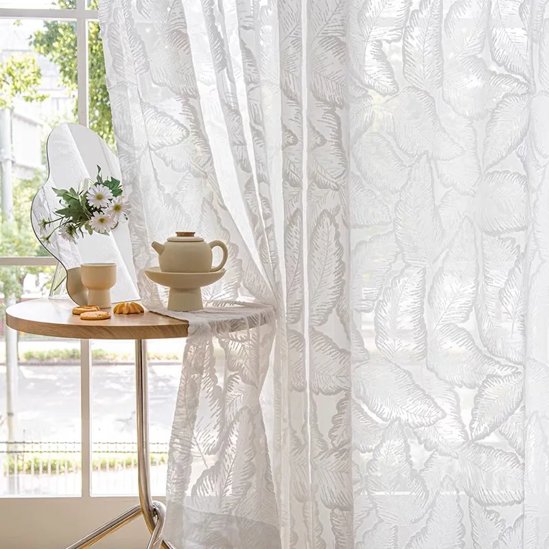 

European Relief Leaves White Tulle Jacquard Luxury Sheer Curtains for Living Dining Room Bedroom Decor Window Blackout 창문커텐
