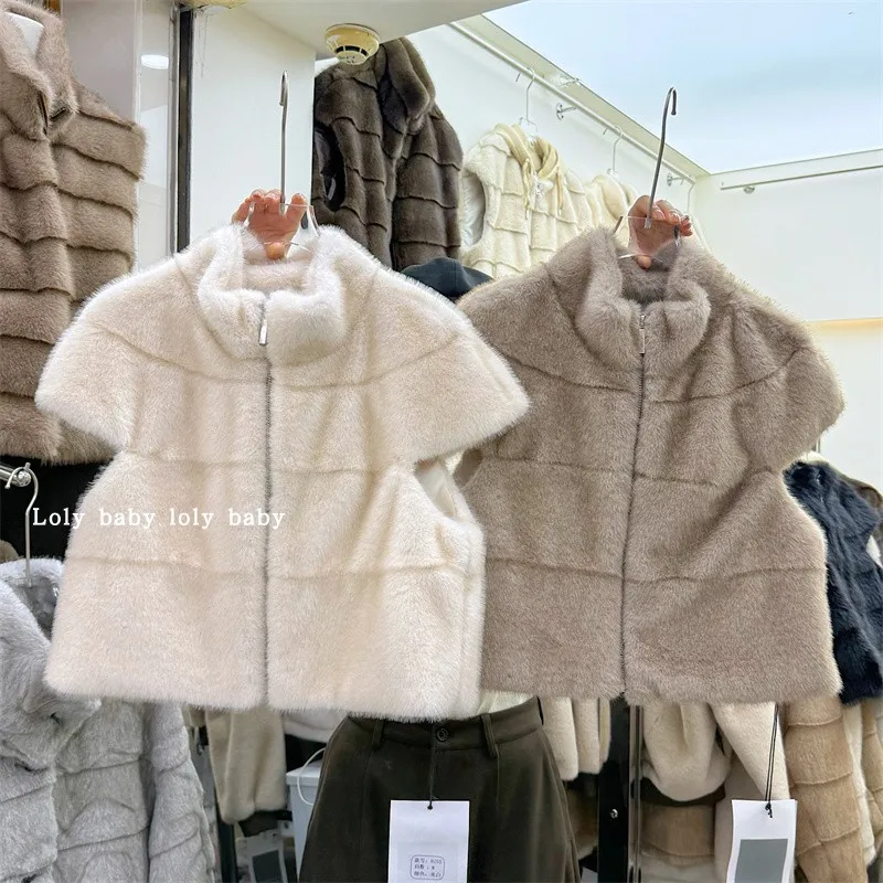 Women's Autumn Winter Stand Collar Sleeveless Mink Fur Vest Top Lady Korean Style Streetwear Fluffy Warm Fur Vest Outwear