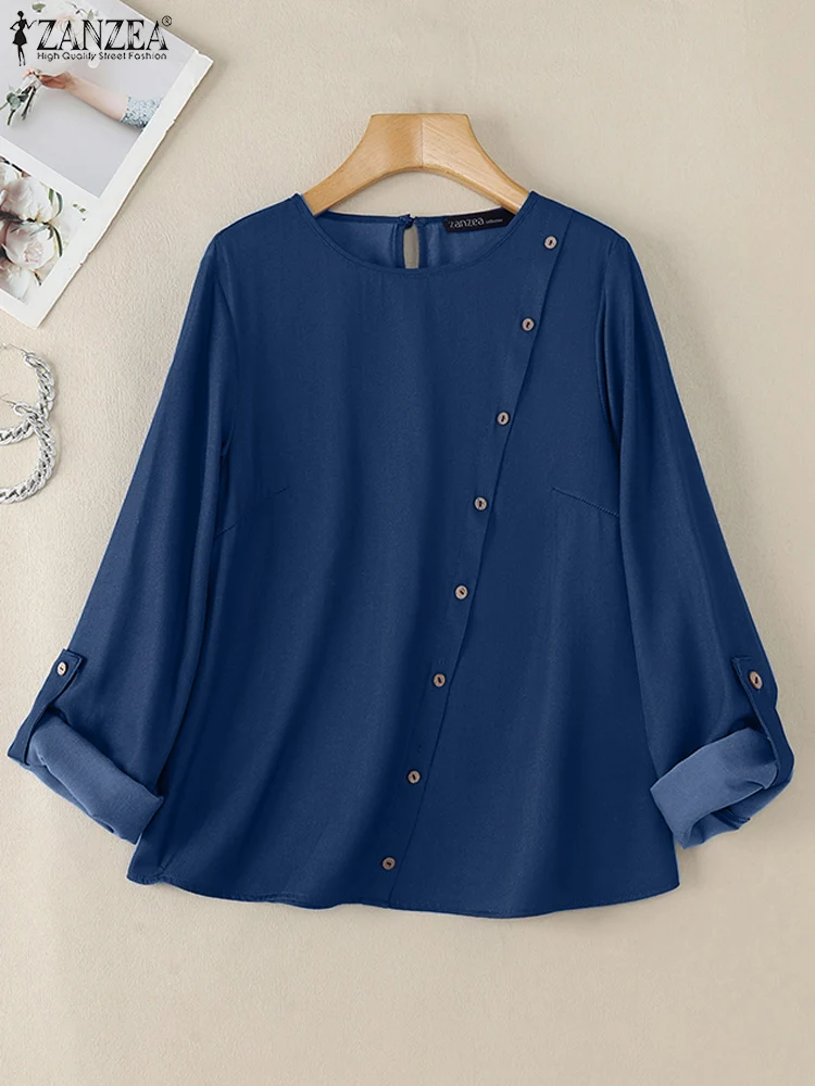 ZANZEA Holiday Long Sleeve Blusas Fashion Loose Blue Blouse Women Slanted Buttons Decorated Tops Casual Autumn 2024 Solid Tunics