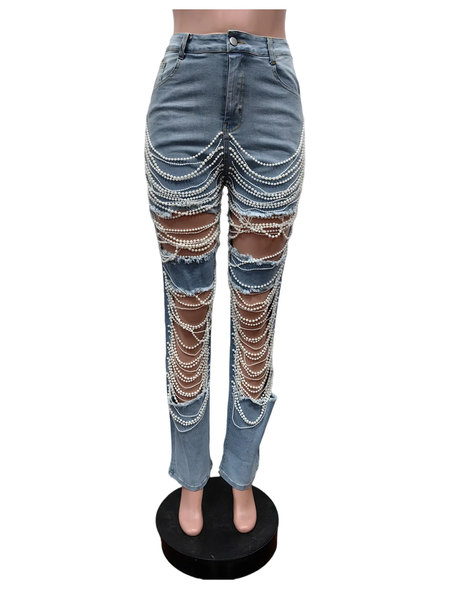 Ripped Denim Pearl Chain Jean Pants Jeans High Waist Sexy Y2K Streetwear 2024 Women Summer Clothes Elegant Trouser Hollow Out