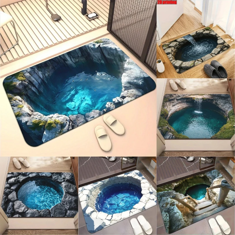 3D Water Pool Visual Illusion Doormat Rock Cave Pattern Non Slip Entrance Mat Funny Prank Floor Rug for Home Decoration