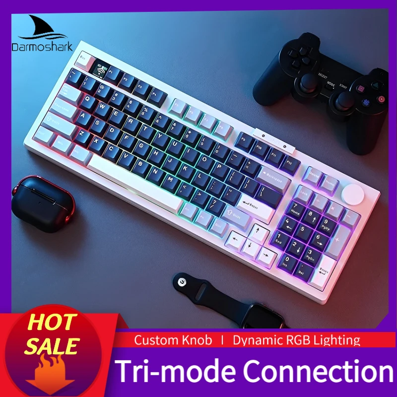

Darmoshark TOP98 Индивидуальная механическая клавиатура Трехрежимное соединение Пользовательская ручка Полная клавиша с возможностью горячей замены Динамическое RGB-подсветка