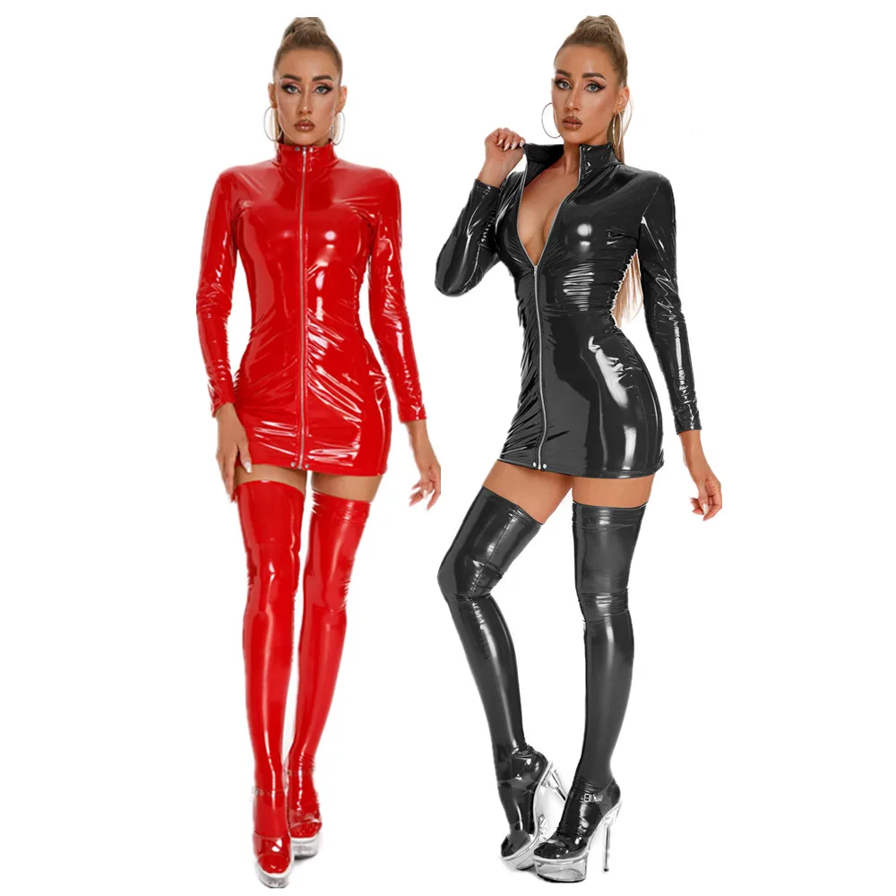 

Women Shiny Long Sleeve Leather Dress Erotic Zipper Open Crotch Latex Sheath Bag Hip Skirt Sexy Bottom Porn Breast Exposing Sexi