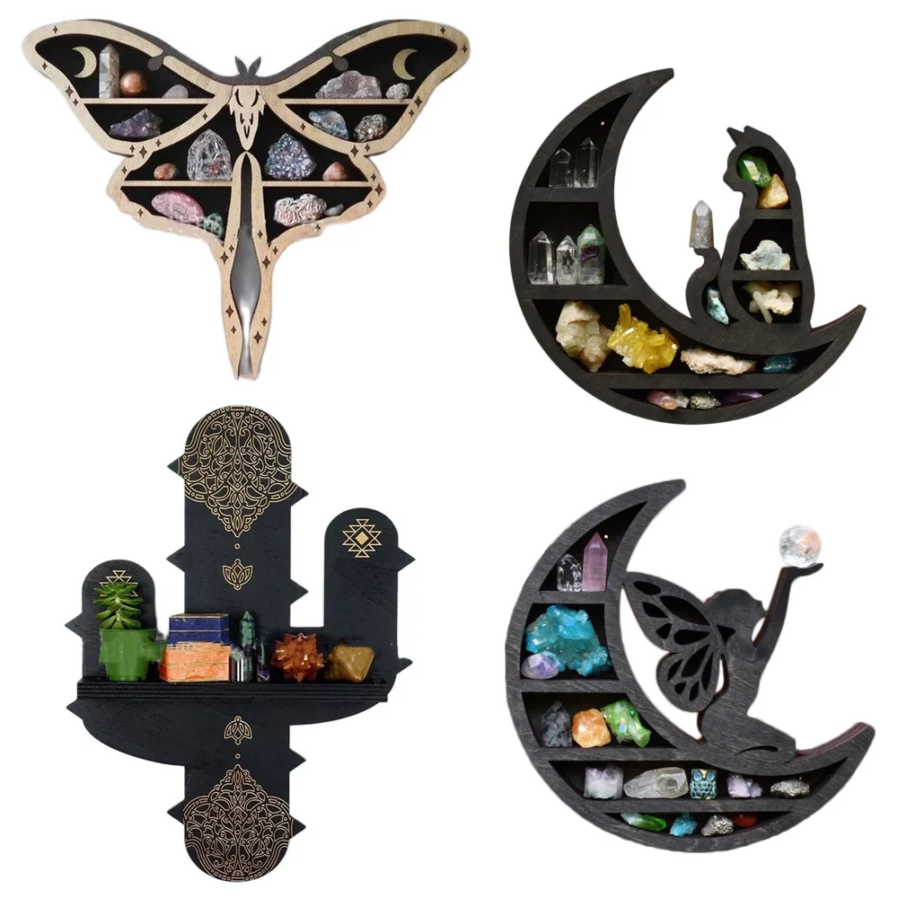 Wooden Crystal Display Shelf Heart Black Cat Wolf Witch Fairy Butterfly Design for Living Dinning Room Bed Storage Home Decor