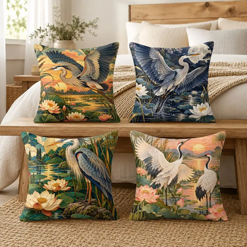 Blue Heron Coastal Nature-Inspired Cushion Cover Soft Pillow Cases Hidden Zipper Cutecore Sofa Bedroom Home Decor Gift