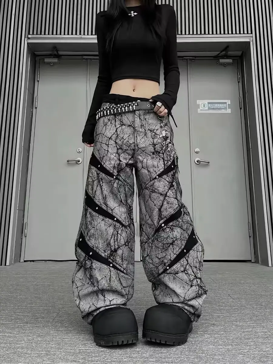 Hip hop jeans Personality Wide Leg Pants Washed Retro Baggy Jeans for Women Goth Harajuku Black Straight Pant Streetwear autumn