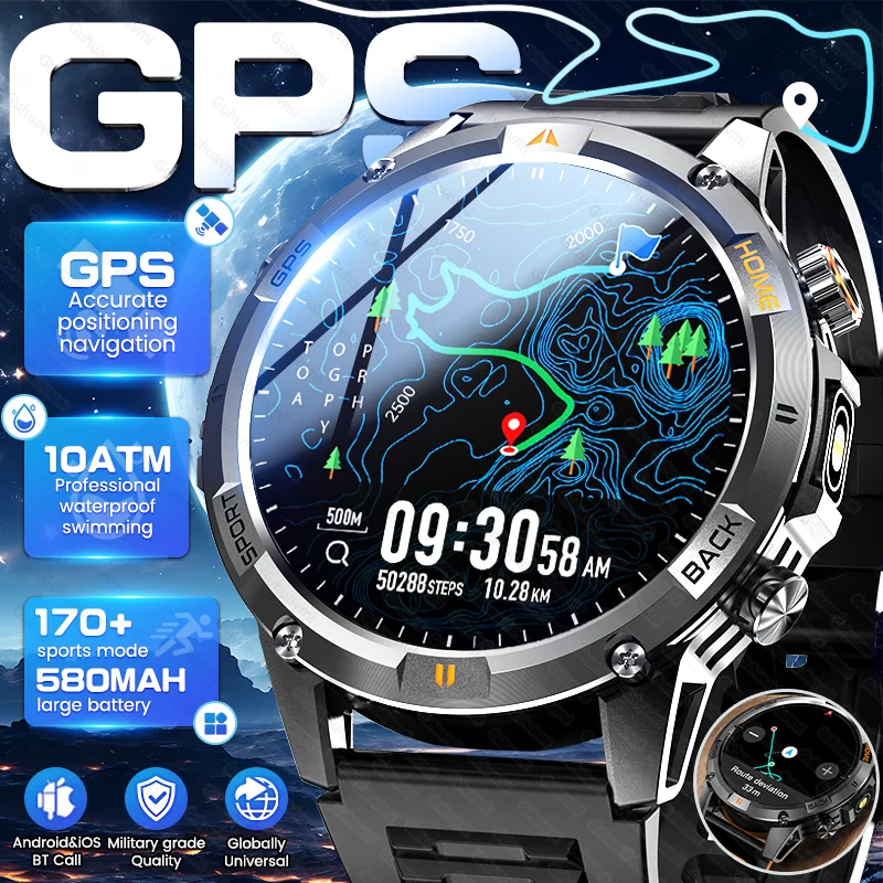 New Adult Outdoor GPS Sport Smart Watch Altimeter Barometer 10ATM Waterproof 580mAh Battery Bluetooth Call Men AMOLED Smartwatch
