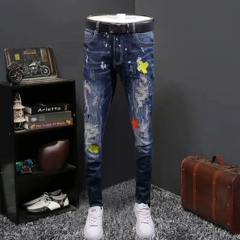 

2023 Comfortable Jean Men Fall Legging Slim Fit Fashion Korean High Quality Trend Embroidery Erkek Jean Without Belt Pantolon