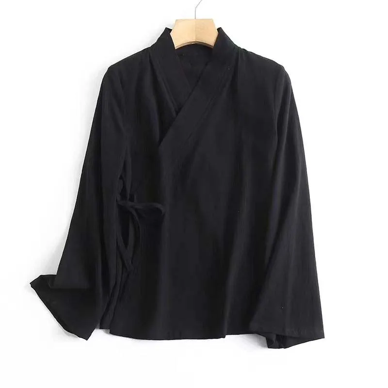 Chinese Style Women's Wrap Tie-Front Kimono Shirt Blouse Spring Summer Boho Cotton Cardigan Top Black White Vintage Clothing