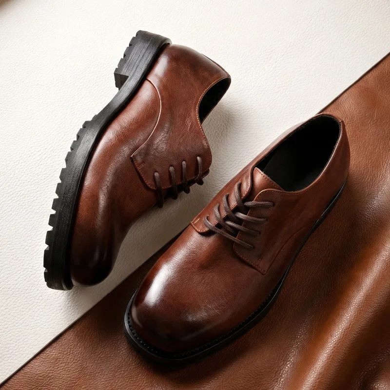 Luxury Genuine Leather Mens Formal Shoes Round Toe 2026 Autumn New Fashion British Style Platform Casual Business Shoes Male