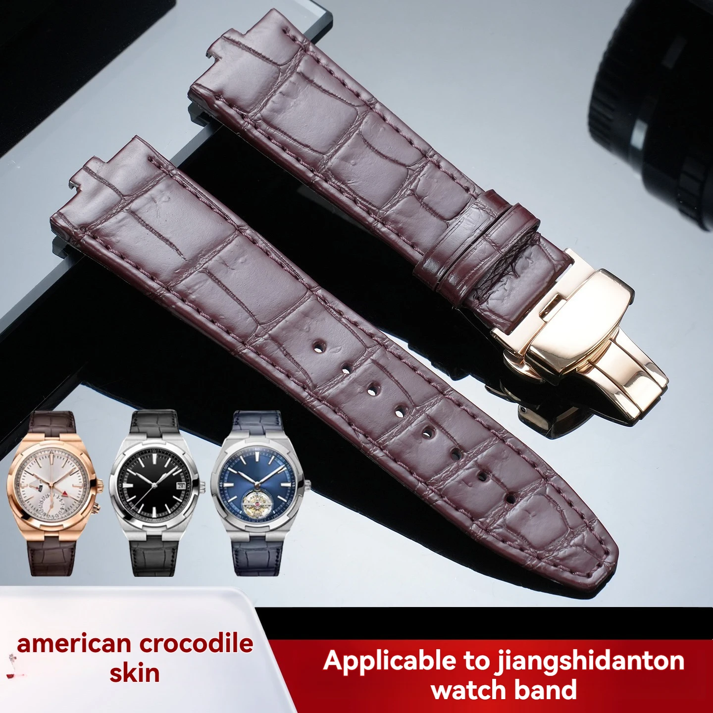 For Vacheron Constantin men's Overseas 4300V, 4500V, 5500V models: Genuine alligator leather strap, 24mm x 7mm