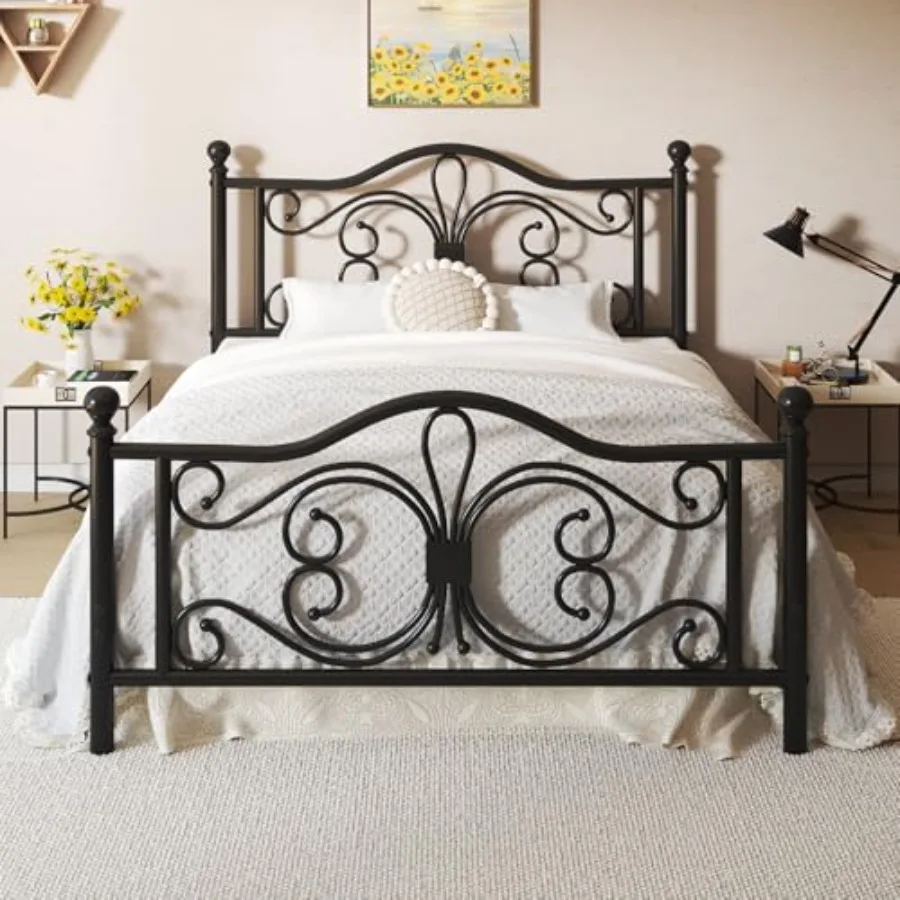 Bed Frame with Butterfly Pattern Design Headboard for Bedroom, Solid Wood, White, Elegant Vintage Style Sturdy Construction