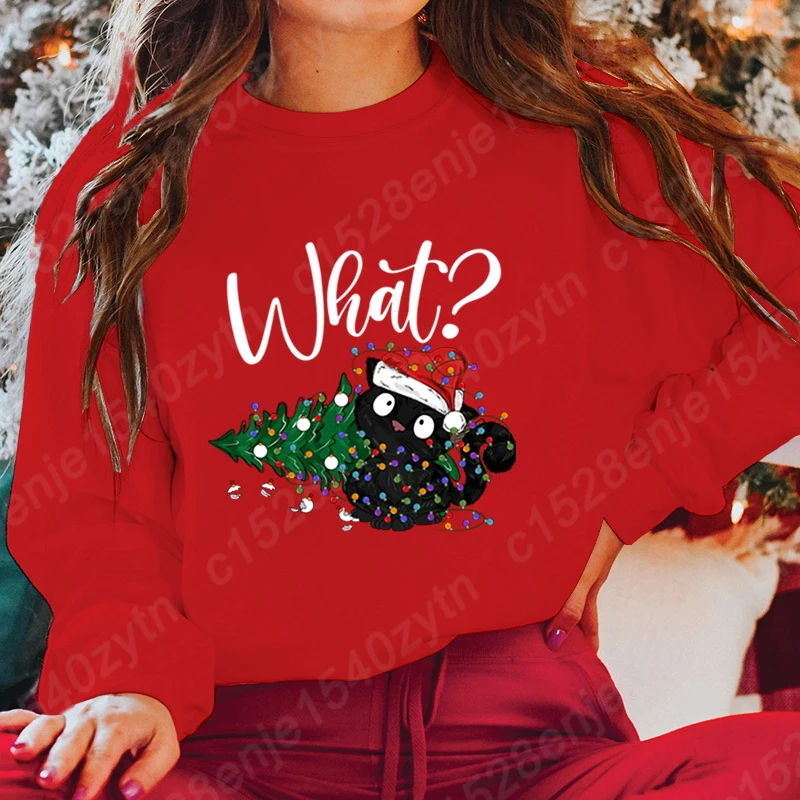 Christmas Light Black Cat What Print Hoodless Sweatshirts Women Fashion Creative Personalized Sweatshirts Autumn Winter Pullover