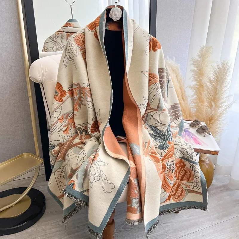 

Autumn new floral faux cashmere jacquard scarf women's simple versatile thick warm neck wrap shawl