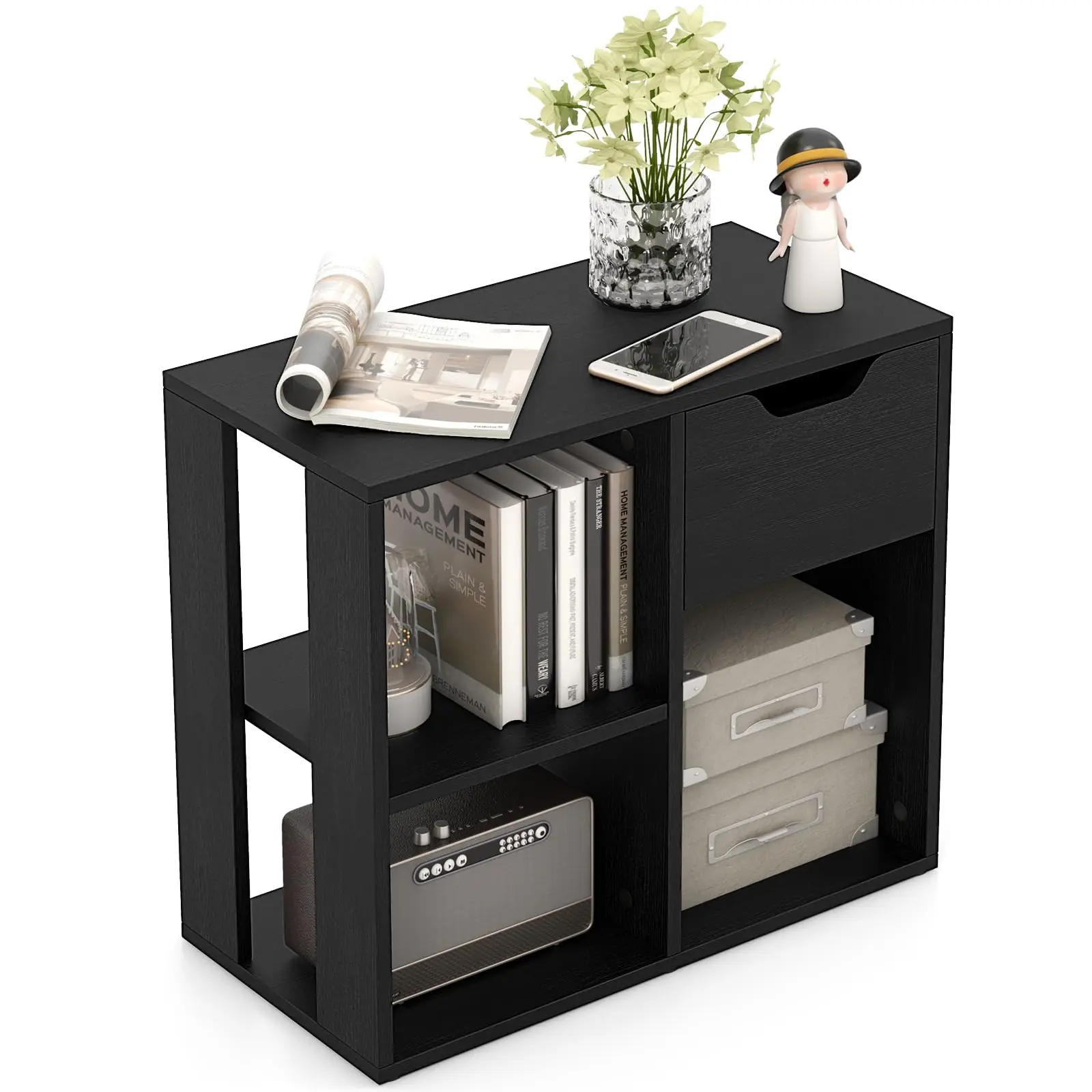 3 Cube Bookcase with Drawer, Modern Simple Bookshelf Display Rack, Black