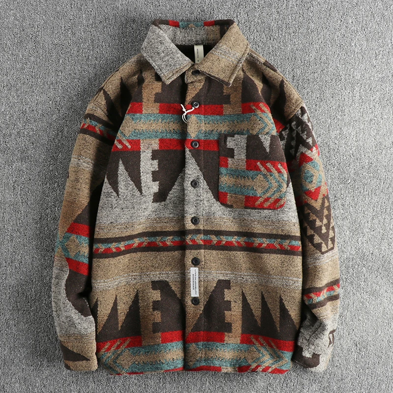 Heavy vintage tribal pattern woolen fabric long sleeve shirt men's autumn and winter thick warm American casual coat