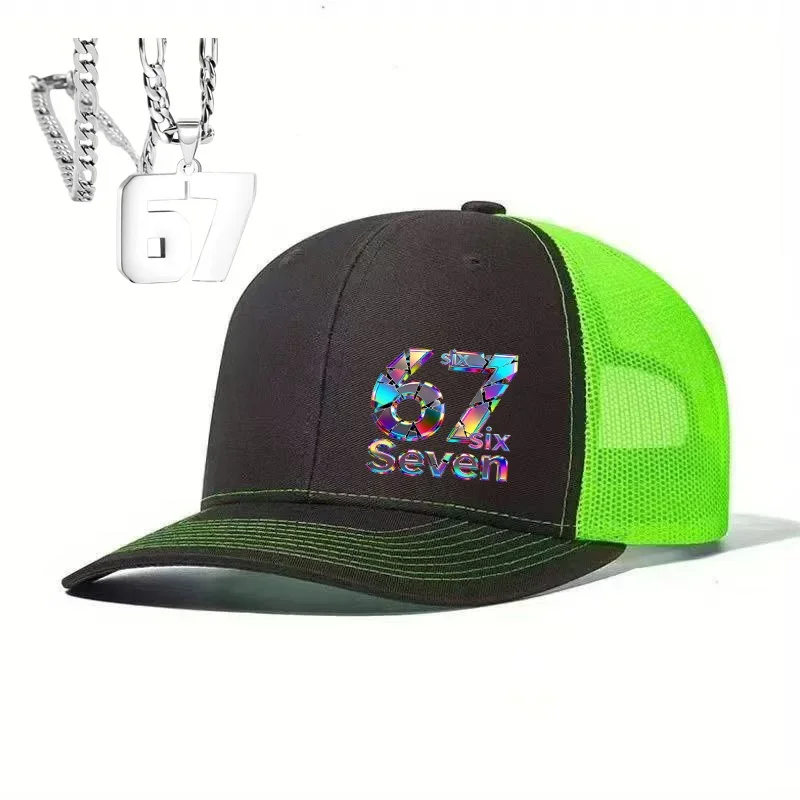 2026 Y2K Holographic 67 Trucker Hat Neon Green Contrast Cyberpunk Aesthetic Cap for Skate Unisex Baseball Cap