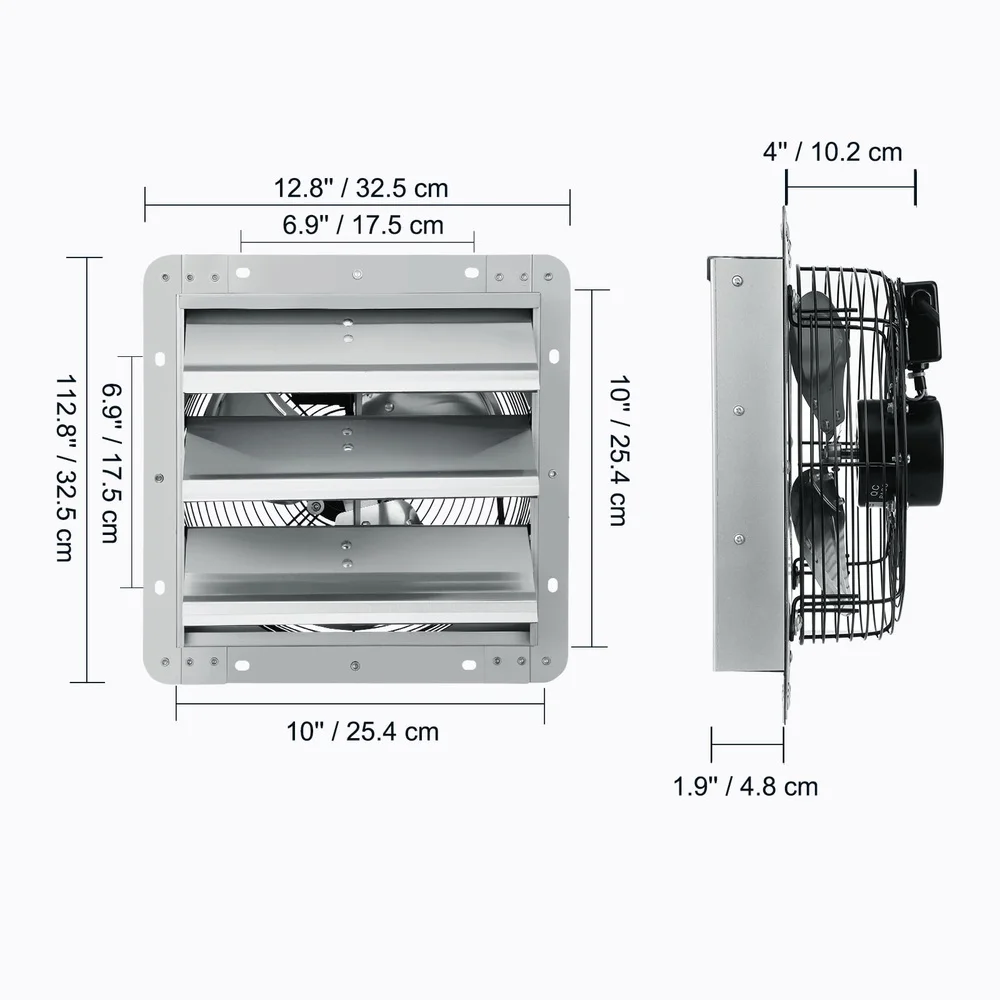 10 인치 벽걸이 형 배기 팬 820 CFM 알루미늄 셔터 자동 냉각 환기 차고 다락방 온실 FCC 준수
