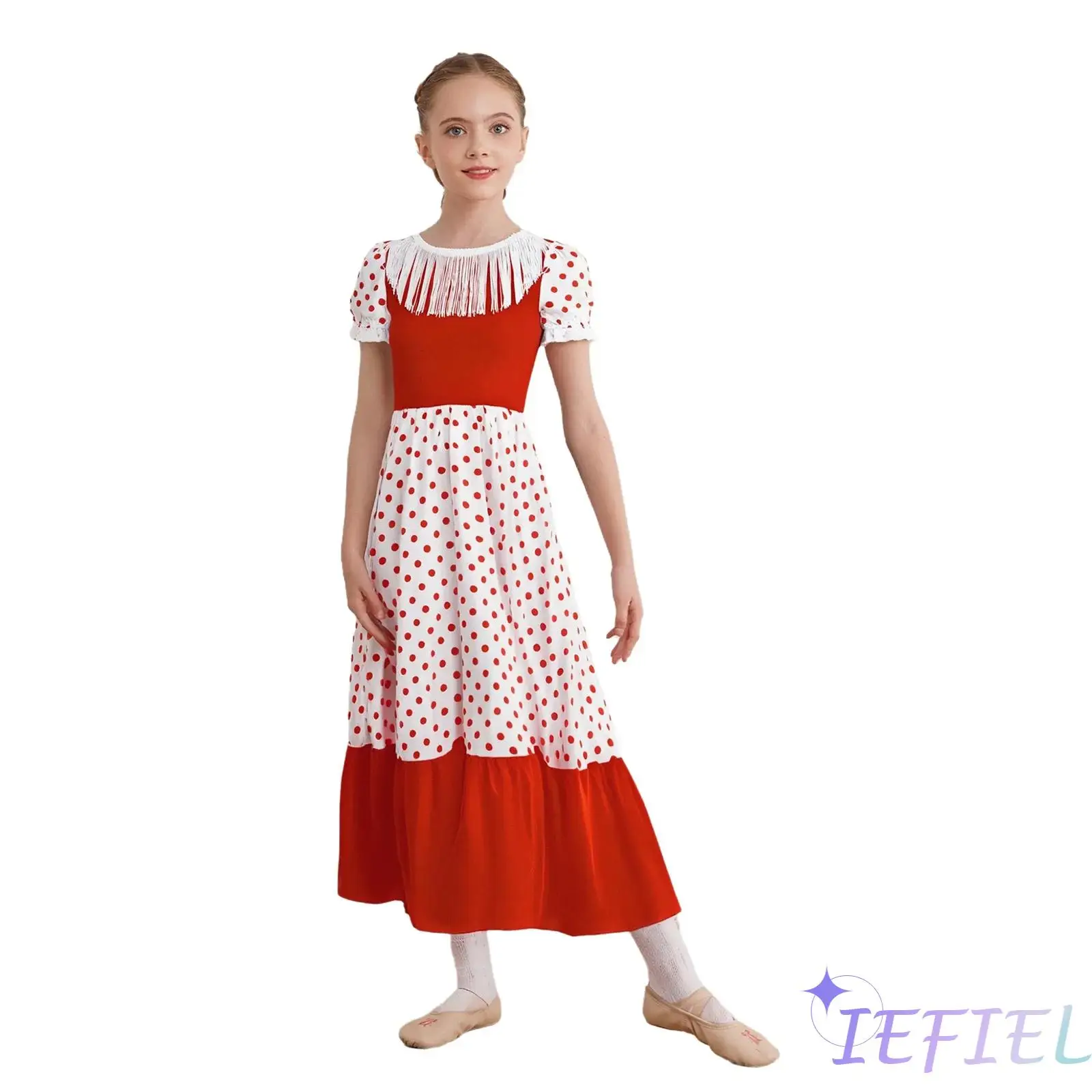 

Kids Girls Flamenco Dance Halloween Performance Costume Tassels Round Neck Short Puff Sleeves Dots Color Block Dress Dancewear