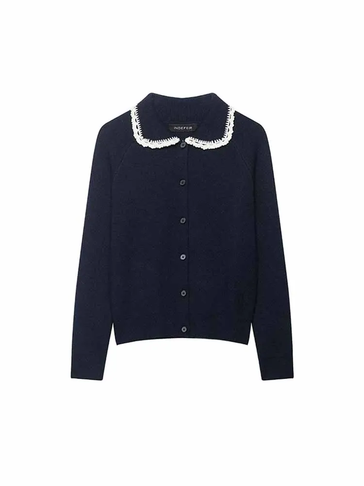 

HH Woman Spring Fashion Long Sleeves Lapel Lace Decoration Single Breasted Cardigan Female Casual Solid Color Knitted Jacket
