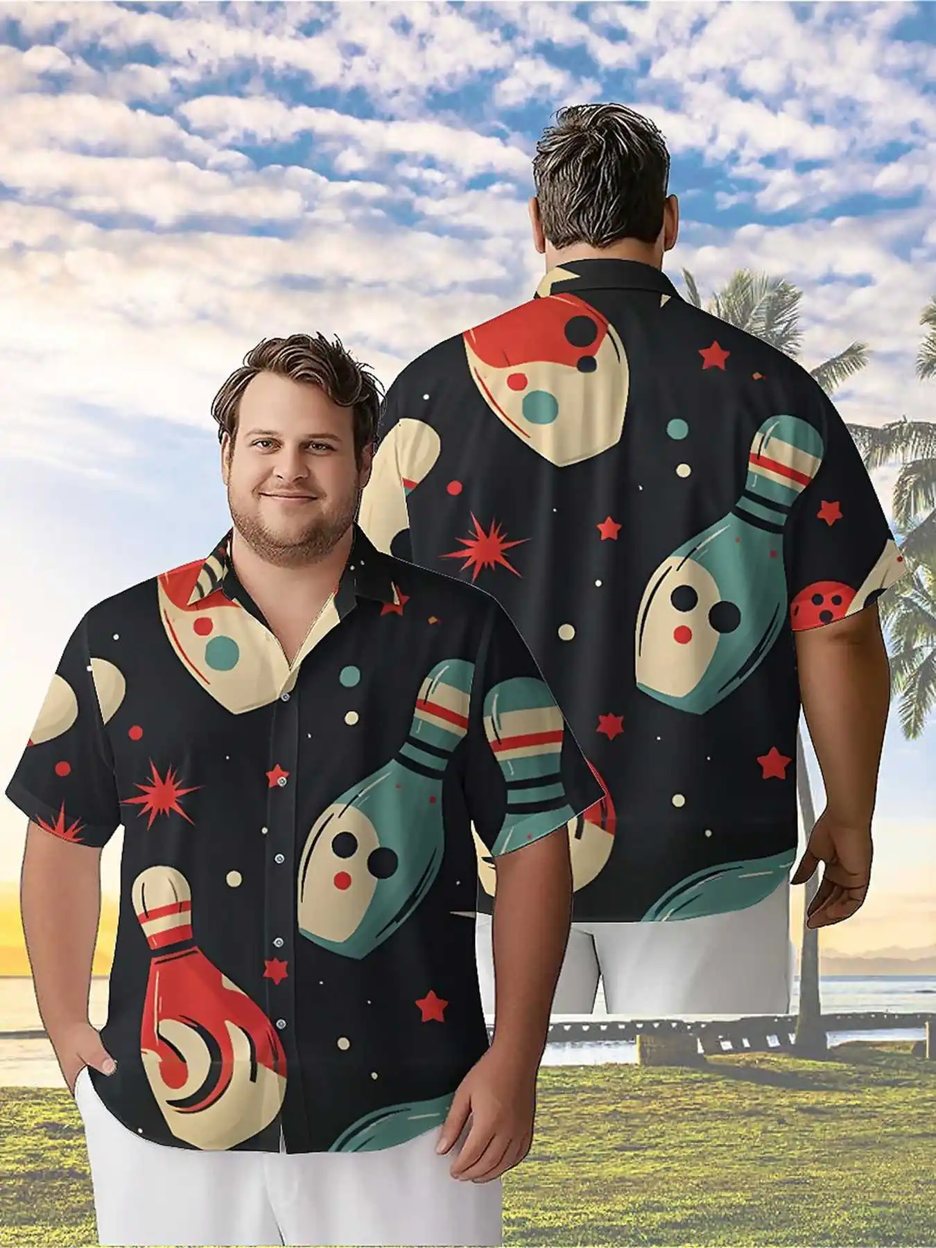 Men's Plus Size Hawaiian ShirtsVintage Bowling Themepattern,Premium Comfort Youth Clothes,Streetwear Y2K Tops