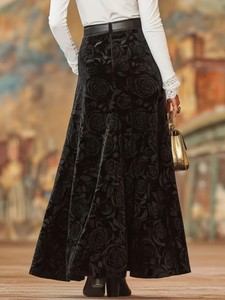 Vintage Women Velvet Long Maxi Skirt Black 3D Rose Jacquard High Waist A Line Skirt Pockets Design Elegant Party Evening Skirts