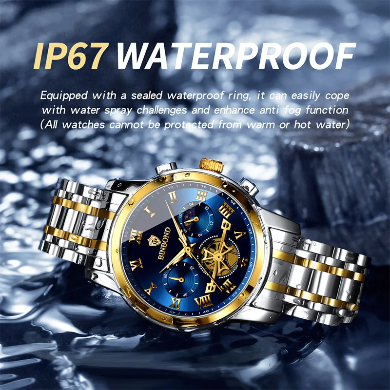 BINBOND B780 Top Brand Mens Quartz Luxury  Stainless Steel Luminescence Clock Casual Chic Waterproof Outdoor Sport Watch