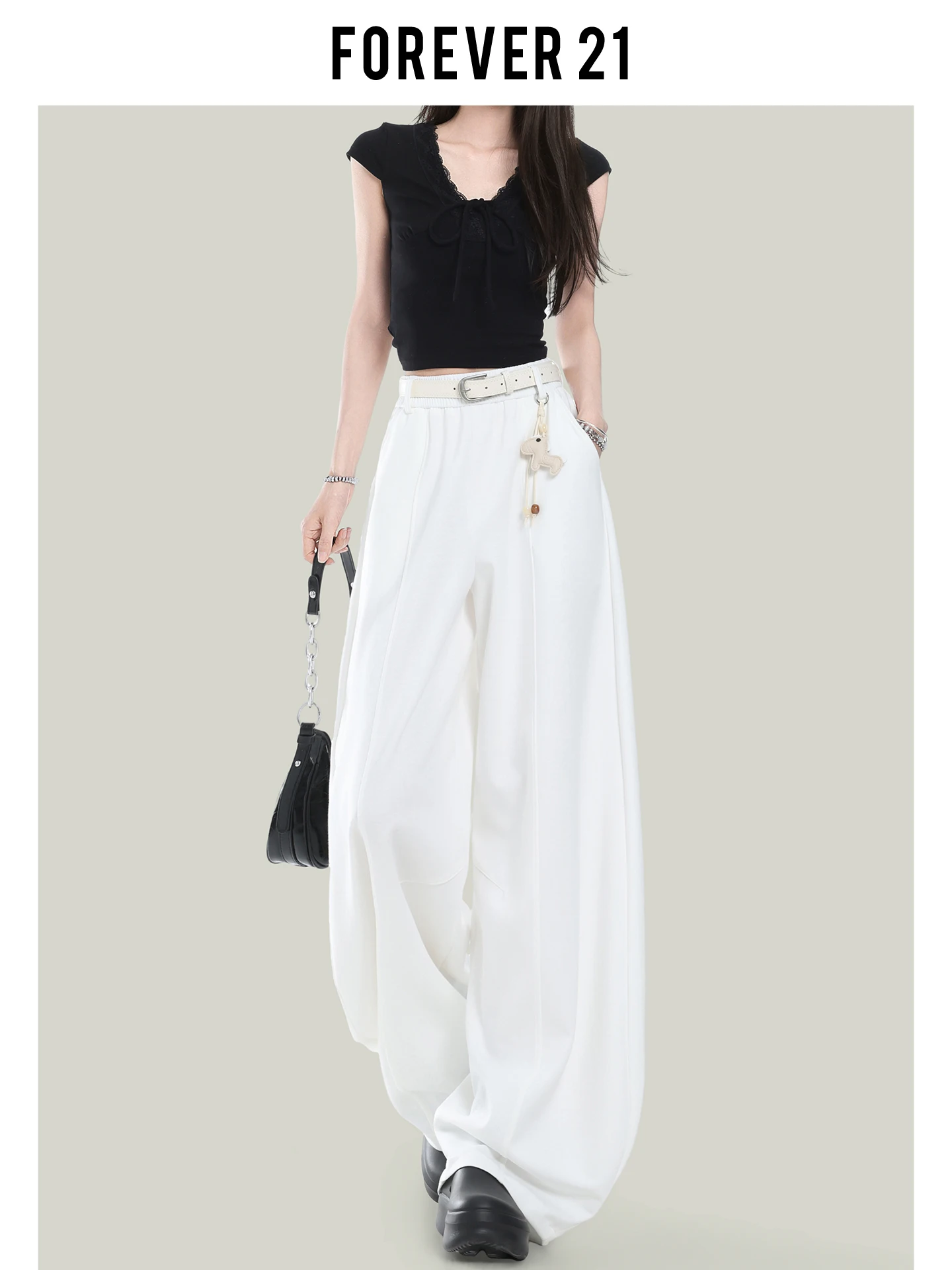 Pantalones casuales de cintura alta y pierna ancha para mujer, estilo Forever 21, versátiles, de corte holgado, con caída, para figura tipo pera