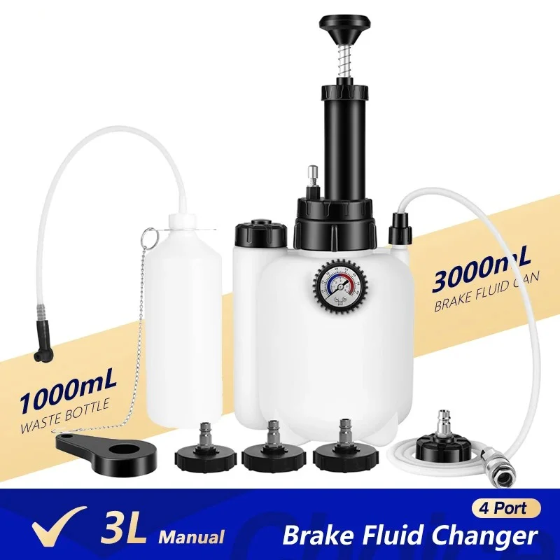 เครื่องเปลี่ยนถ่ายน้ำมันเบรกแบบแมนนวล 4 พอร์ต พร้อมอะแดปเตอร์ถังเก็บน้ำมันเสีย ประแจ 3 ลิตร เครื่องมือเปลี่ยนถ่ายน้ำมันเบรกยานยนต์ ปั๊มแรงดัน