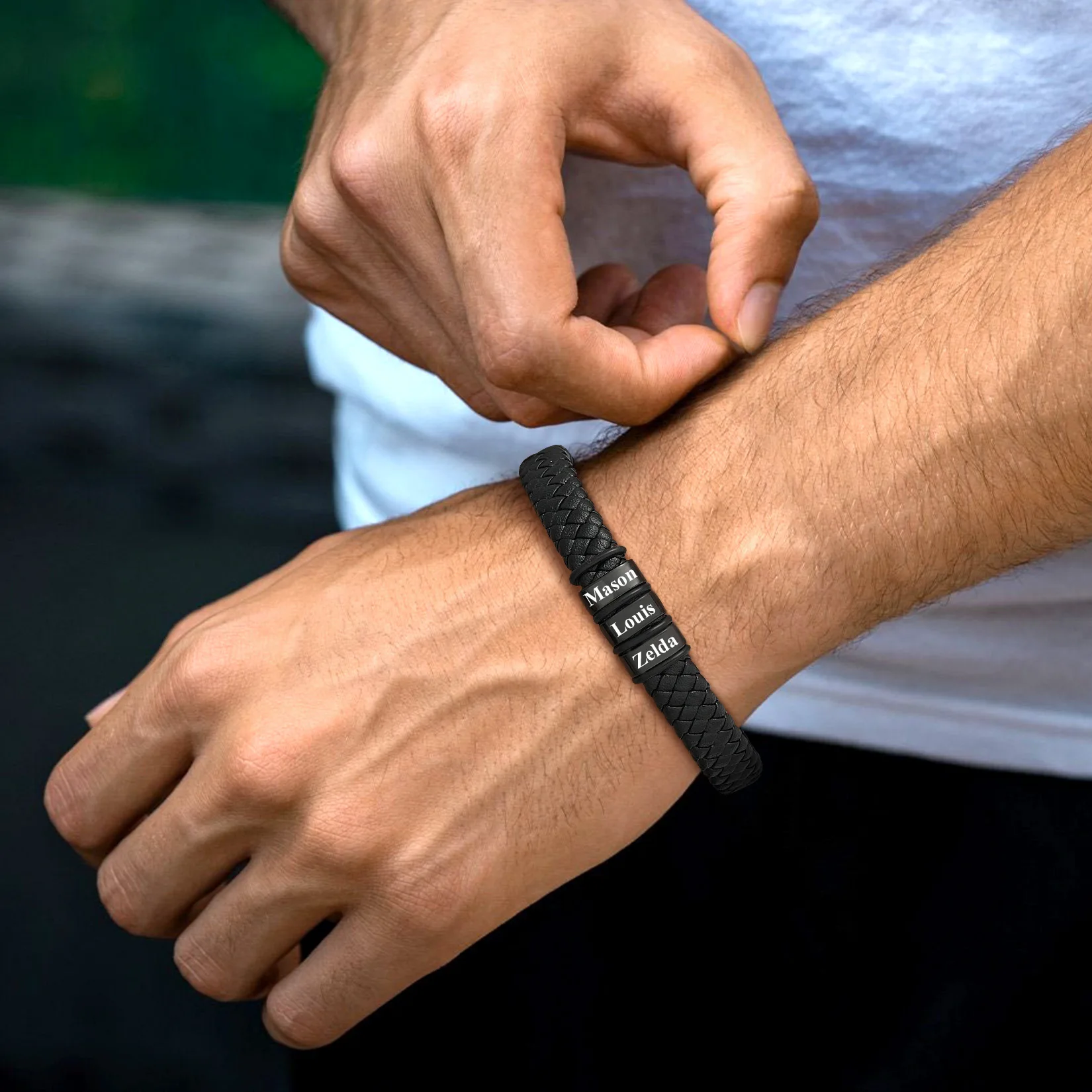 U7 Wide Black Braiding Leather Bracelet for Man Custom Laser Engrave Name Word Stainless Steel Bead 19cm Wristband Bracelet