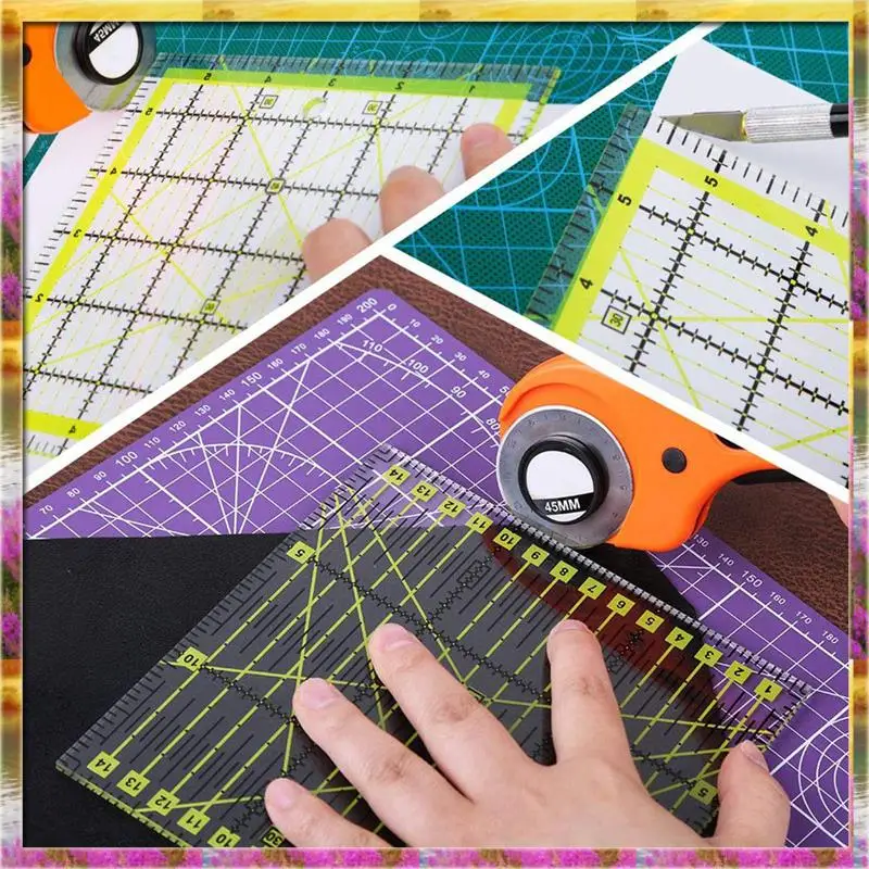 【سعر AB07 】4 قطع مسطرة قطع قماشية مساطر لحاف أكريليك علامة واضحة مع حلقات غير قابلة للانزلاق