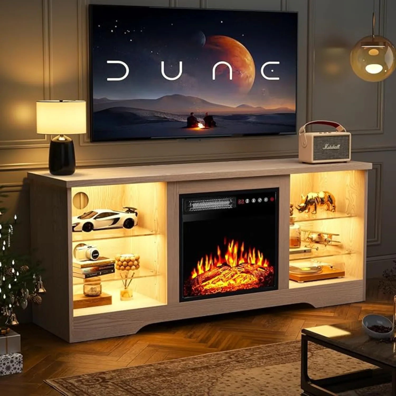 Kamin TV-Ständer mit 18 ''-Kamin, modernes Unterhaltung zentrum für Fernseher bis zu 70 Zoll, mit verstellbaren Glas regalen und Lagers chränken