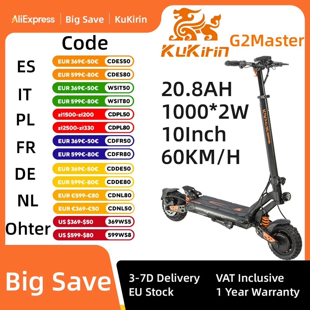 KuKirin G2 Master Electric Scooter, 1000W*2 Dual Motor 52V 20.8Ah Battery 70km Max Range 60km/h Max Speed 10