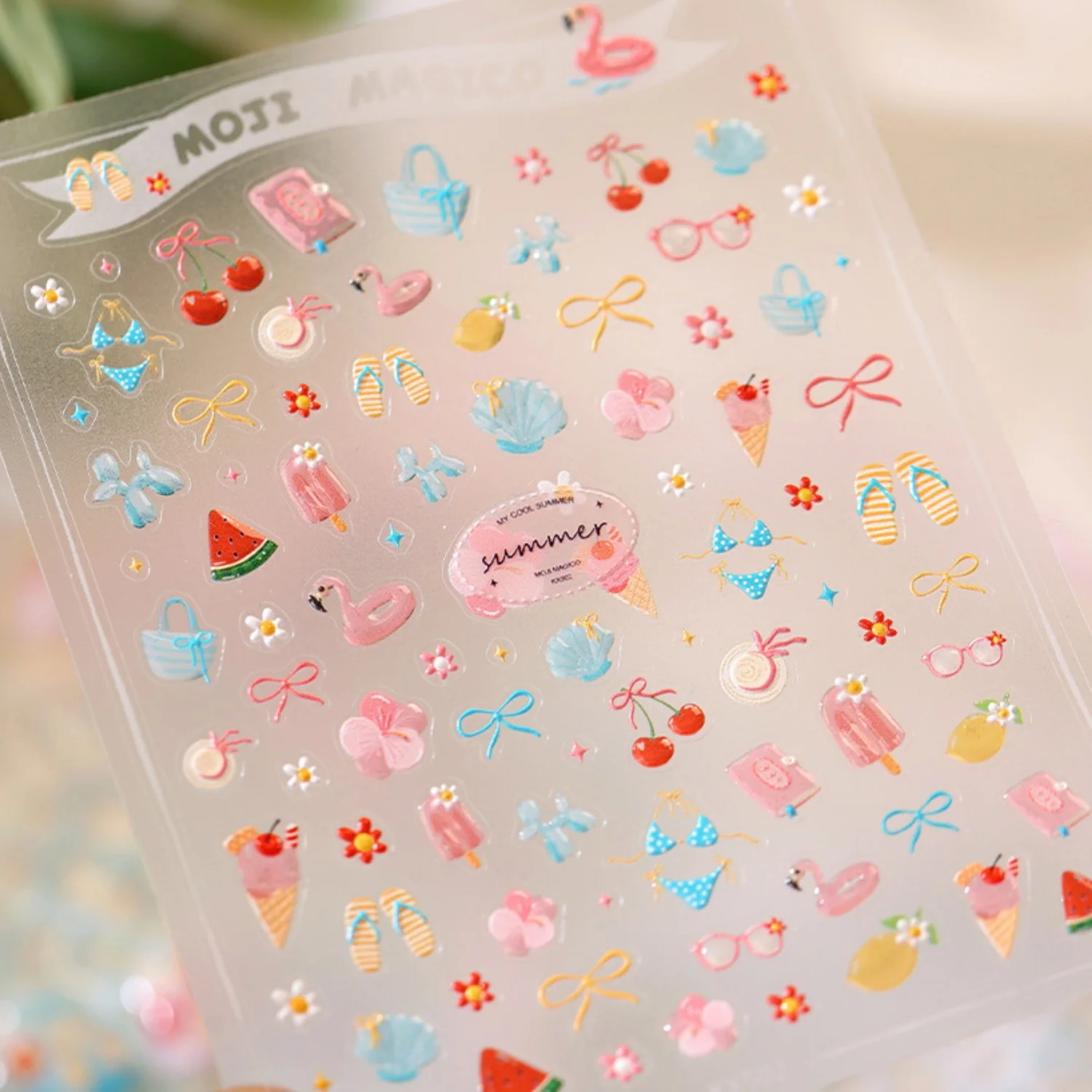 

Summer Tropical Beach Theme 5D Nail Art Decals Flamingo Fruit Ice Cream Bikini Flip Flop Shell Bow Flower Pattern Nail Stickers