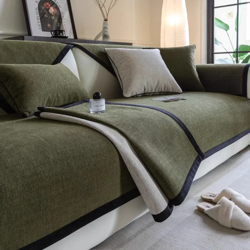 

Французский чехол для дивана из синели, нескользящий чехол для дивана в стиле ретро, универсальный чехол для дивана для гостиной, черная рамка, однотонная подушка для дивана