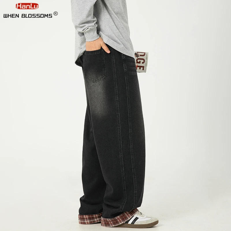 HANGLU 2025 신사복 아메리칸 캐주얼 격자 무늬 패치 워크 워시 청바지 스플릿 디자인 신축성있는 허리 루즈 스트레이트 레그 데님 바지