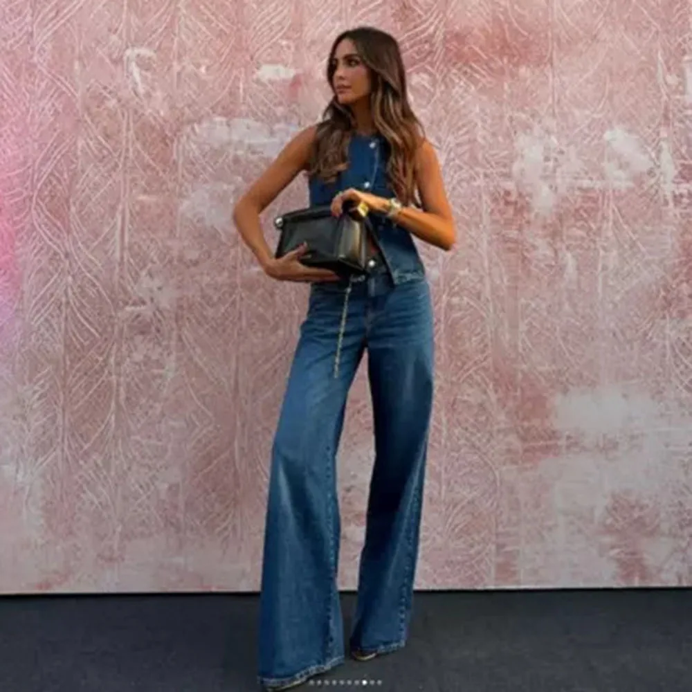 

Элегантные джинсовые брюки и брюки, женские летние комплекты 202, повседневный тонкий жилет и широкие мешковатые джинсы, комплекты из двух предметов