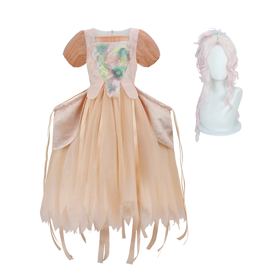 

Girl Sweet Lolita Dress Pastel Apricot Sheer Tulle Irregular Hem Puff Sleeve Floral Print Evening Party Dress Carnival Clothes