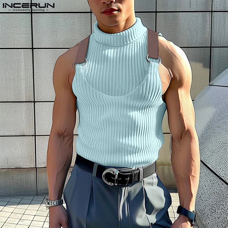 2024 Men Tank Tops Knitted Patchwork Turtleneck Sleeveless Summer Casual Vests Streetwear Fitness Fashion Men Clothing INCERUN